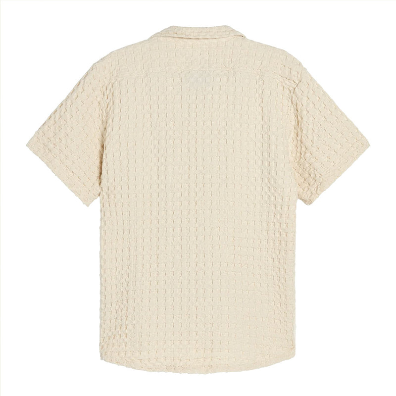 "back of a light cream oas waffle shirt "