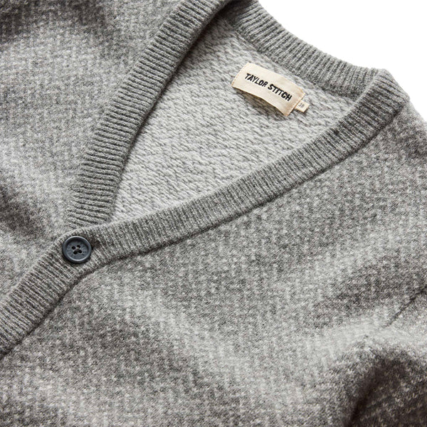 "Taylor stitch eddy cardigan grey ash herringbone merino wool grey buttons"