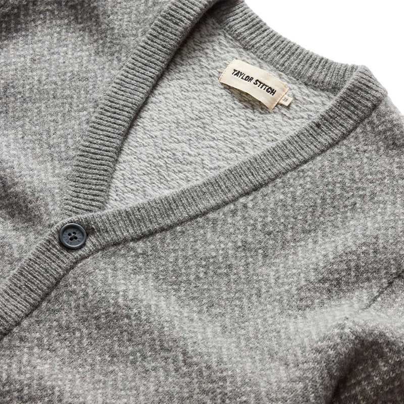 "Taylor stitch eddy cardigan grey ash herringbone merino wool grey buttons"