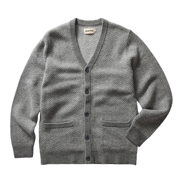 "Taylor stitch eddy cardigan grey ash herringbone merino wool grey buttons"