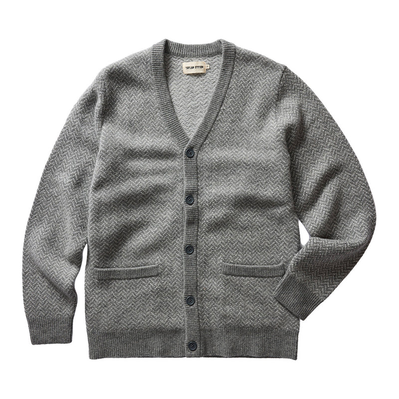 "Taylor stitch eddy cardigan grey ash herringbone merino wool grey buttons"