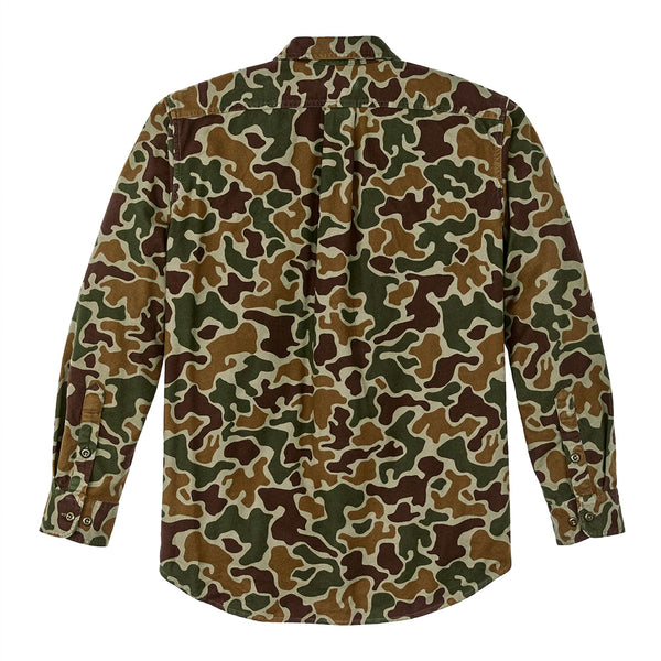 "quality mid weight flannel from filson in frog camouflage back"