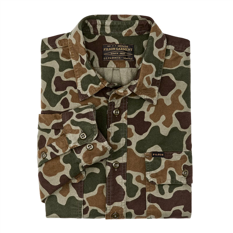 "quality mid weight flannel from filson in frog camouflage folded"