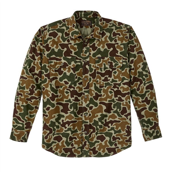 "quality mid weight flannel from filson in frog camouflage front"