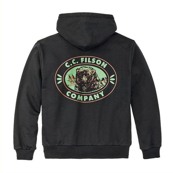"Filson prospector black hoodie printed grizzly bear green and brown Tect read C.C.F Filson company on back"