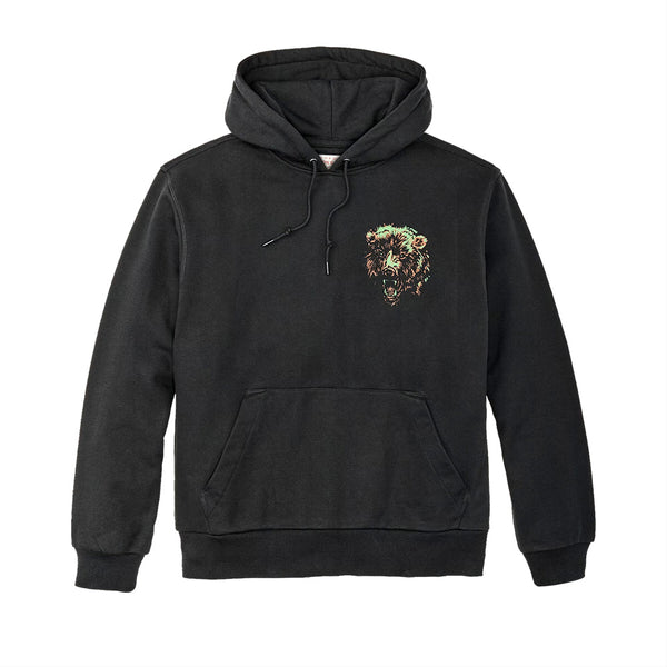 "Filson prospector black hoodie printed grizzly bear green and brown"
