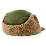 Back view of olive green cap with brown fleece