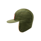 Side view of olive green cap with side flaps down
