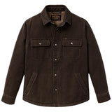 Front of a dark brown jacket with two chest pockets with silver snap closures and two hand warmer pockets