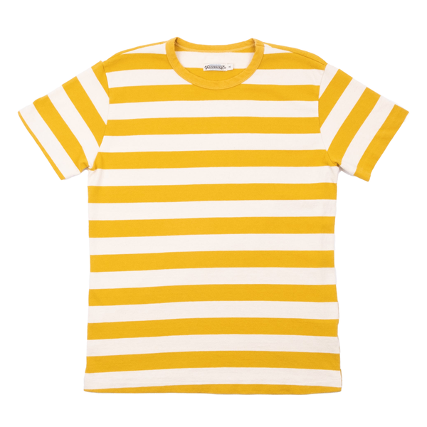 freenote shifter short sleeve vintage-inspired t-shirt in mustard yellow stripe