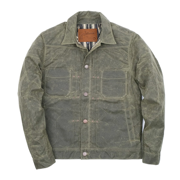 "waxed canvas olive western style jacket with southwestern blanket lined body and satin lined sleeves"