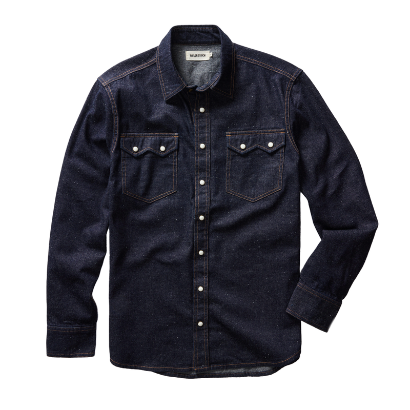 "taylor stitch western style frontier shirt rinsed indigo denim pearl snap buttons"