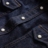 "taylor stitch western style frontier shirt rinsed indigo denim pearl snap buttons sawtooth pockets"