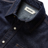"taylor stitch western style frontier shirt rinsed indigo denim pearl snap buttons collar"