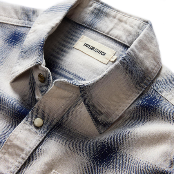 "taylor stitch western style frontier shirt indigo grey shadow plaid pearl snap buttons collar"