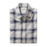 "taylor stitch western style frontier shirt indigo grey shadow plaid pearl snap buttons folded"
