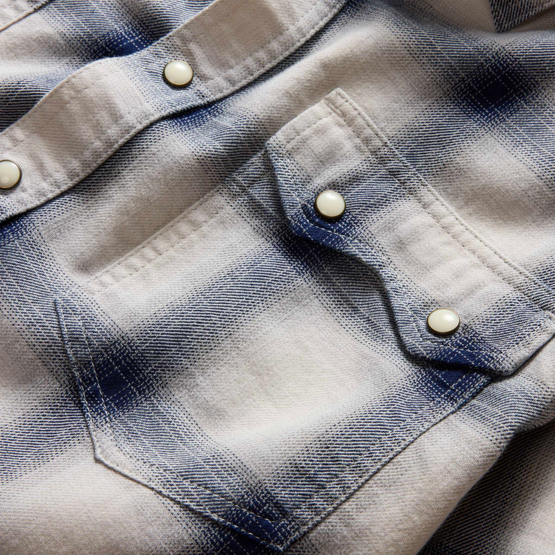 "taylor stitch western style frontier shirt indigo grey shadow plaid pearl snap buttons saw tooth pocket"