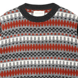Close up of sweater to show crewneck collar and upper portion of top