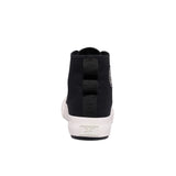 Back view of black canvas high-top sneakers with white rubber sidewalls