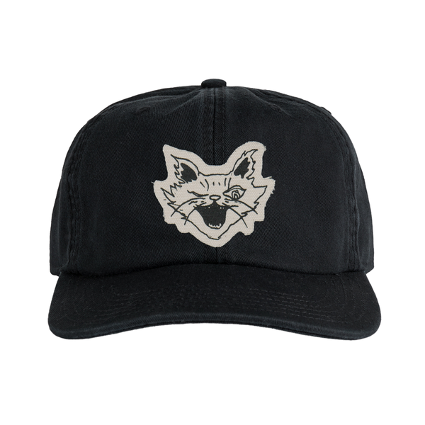 Winking cat canvas patch hat on black