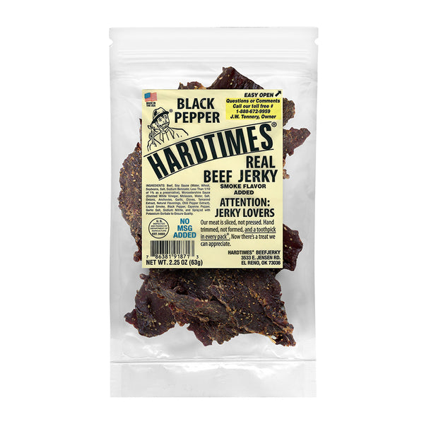 "package of hard times black pepper beef jerky"