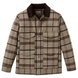Front of wool button jacket in a brown plaid pattern with dark brown corduroy collar, snap buttons going down the center, and four pocket on the front with snap-secured flaps