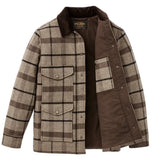 Front of brown plaid wool jacket with dark brown corduroy collar. The jacket is fully unbuttoned and the right side is pulled back to show brown lining and an inner pocket with the same brown plaid as the exterior. Two exterior pockets are visible on the left side of the jacket. 