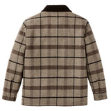 Back of brown plaid wool jacket with dark brown corduroy collar