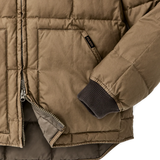 Front of the Heritage Down Jacket, showing the details of the two way front zipper