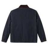 Back of navy jacket with dark brown corduroy collar