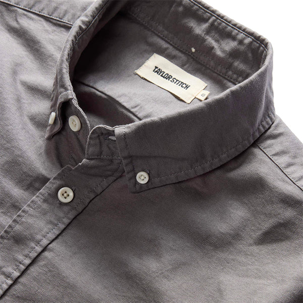 "taylor stitch oxford collared shirt smoke gray white buttons buttoned lapels"