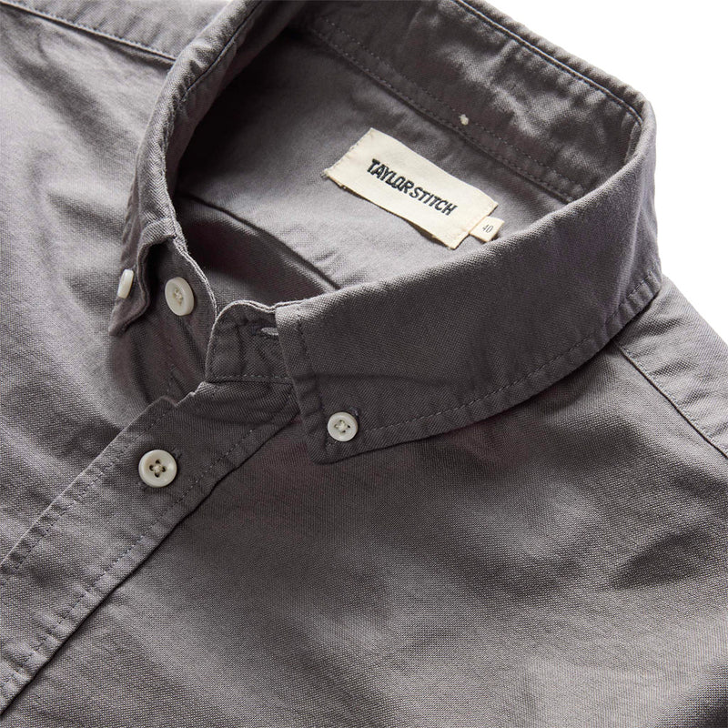"taylor stitch oxford collared shirt smoke gray white buttons buttoned lapels"