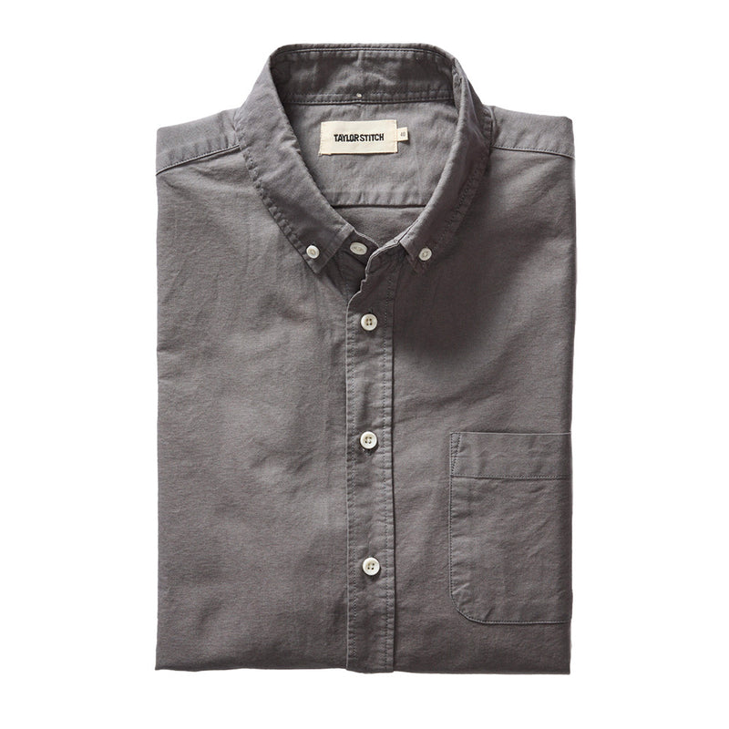 "taylor stitch oxford collared shirt smoke gray white buttons folded"