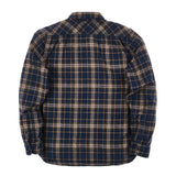 Back of long sleeved flannel shirt in dark blue, yellow, and off-white plaid. 