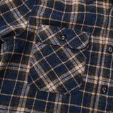 Close up detail of a chest pocket with a flap secured by a dark button. The fabric of the shirt is a dark blue, yellow, and off-white plaid flannel. Two of the shirt's dark buttons are visible on the right side of the image. 