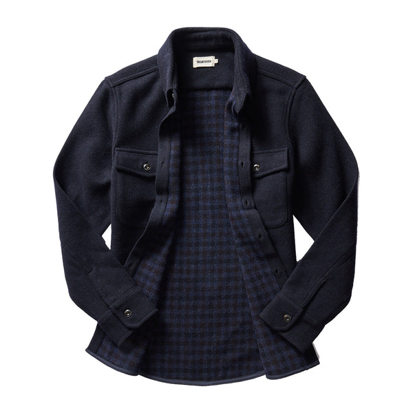 "Taylor stitch dark navy maritime wool jacket shirt plaid pattern inside"