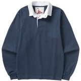 Front of a solid navy rugby polo shirt with long sleeves and a white collar
