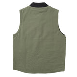 Back of olive green canvas vest with black knit collar