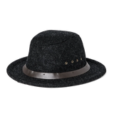 Angled view of charcoal wool hat with leather hatband and four grommets on the side