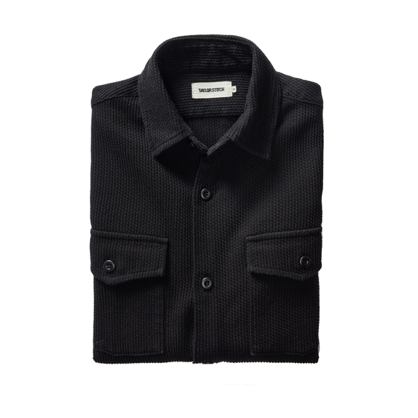 "Taylor stitch the Point Shirt in Coal Sashiko charcoal grey button up with a waflle texture folded"