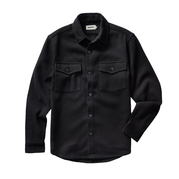 "Taylor stitch the Point Shirt in Coal Sashiko charcoal grey button up with a waflle texture"