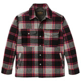 Front of wool jacket in gray, red, and black with snap buttons down the center, two chest pockets with snap-secured flaps, and two hand warmer pockets. 