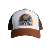 Baseball cap facing forward with white front panel and dark brown back panels, a brown bill, and a patch in the center featuring an embroidered roadrunner with two cacti, a sun, and text [Iron & Resin]