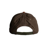 Back of baseball cap with dark brown cotton panels and a dark green plastic adjustable closure