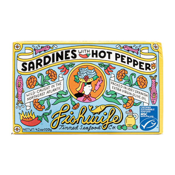 "A colorful box with cartoons on it containing canned Sardines with hot peppers"