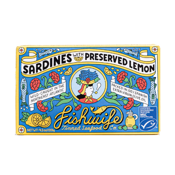 "A colorful box with cartoons on it containing canned sardines with preserved lemon"