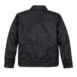 "back of lined black canvas jacket with collar adjustable waist buttons straps"