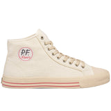Side profile of a white canvas high-top sneaker with white laces, silver grommets, beige rubber sidewalls with two red horizontal stripes, and a beige rubber toe cap. There is a white circular patch with black and red text [P.F. Flyers]