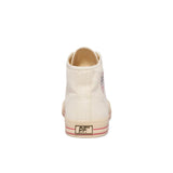 Back view of white canvas high-top sneakers with beige sidewalls with two horizontal red stripes and a small rectangular [P.F.] text in black