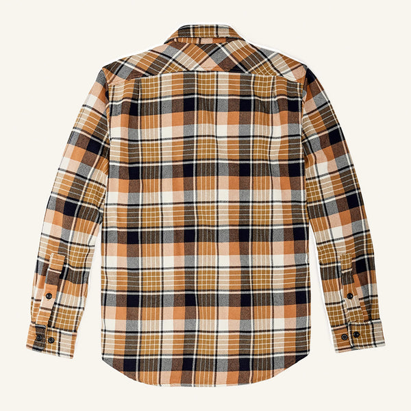 "Filson vintage work flannel gold and white and navy plaid black button long sleeve back"